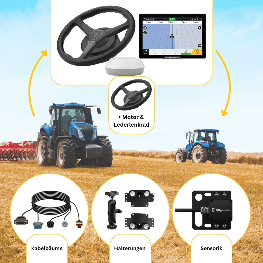 FJD AT2 Max Bundle - FJD AT2 Max mit zusätzlichem Lederlenkrad mit Motor in Kombination mit dem Erweiterungssatz damit kannst du eine weitere Landmaschine mit RTK-Genauigkeit ausstatten.
