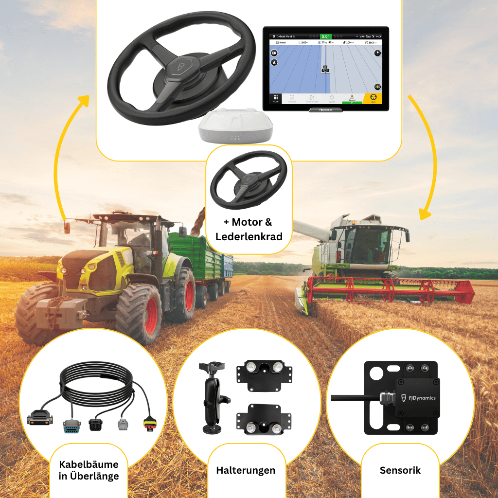 FJD AT2 Max Bundle - FJD AT2 Max mit zusätzlichem Lederlenkrad mit Motor speziell für Mähdrescher - mit dem Erweiterungssatz damit kannst du eine weitere Landmaschine mit RTK-Genauigkeit ausstatten.