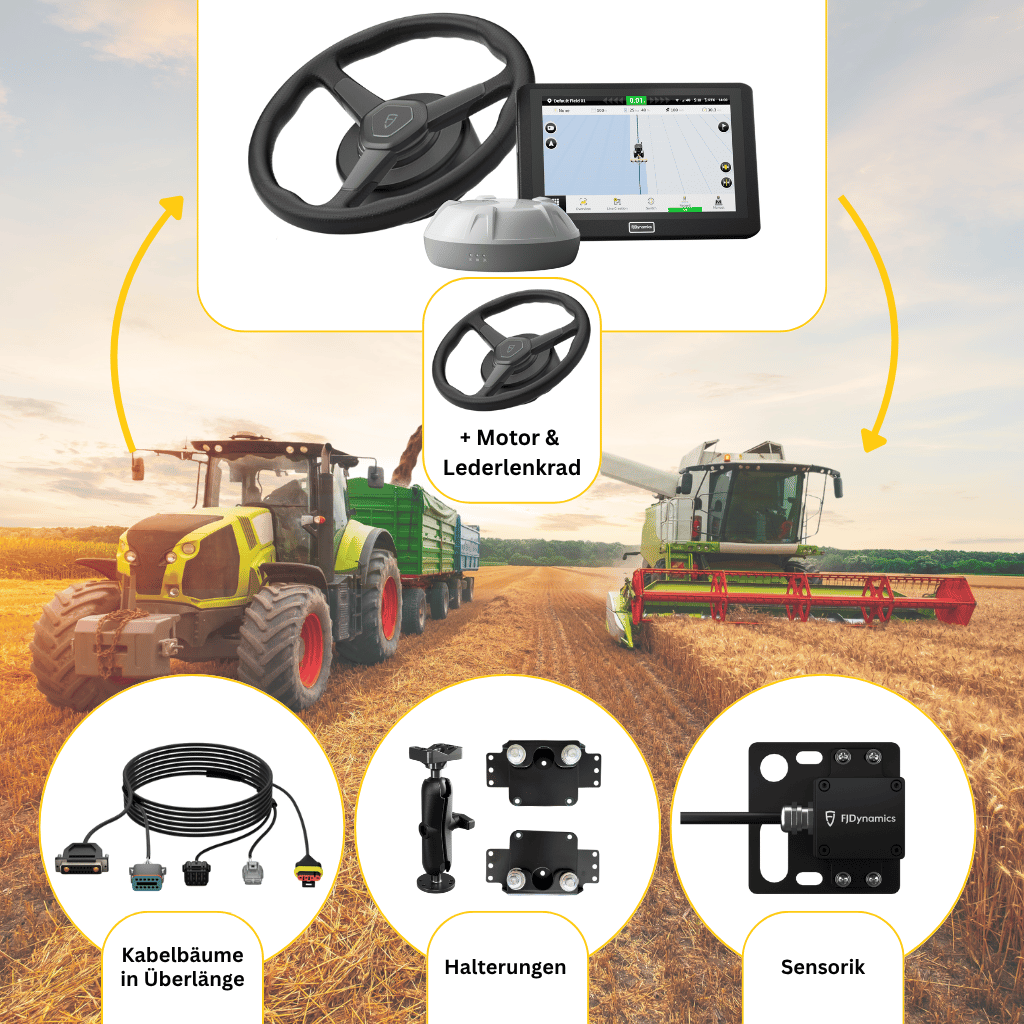 FJD AT2 Sonderedition Bundle - FJD AT2 Sonderedition mit zusätzlichem Lederlenkrad mit Motor speziell für Mähdrescher - in Kombination mit dem Erweiterungssatz damit kannst du eine weitere Landmaschine mit RTK-Genauigkeit ausstatten.