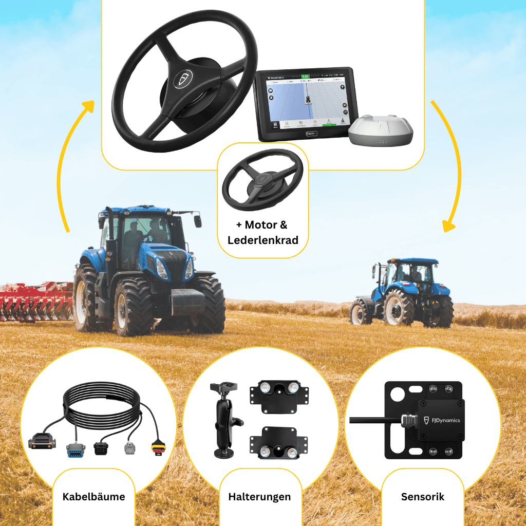 FJD AT2 Bundle - FJD AT2 mit zusätzlichem Lederlenkrad mit Motor in Kombination mit dem Erweiterungssatz damit kannst du eine weitere Landmaschine mit RTK-Genauigkeit ausstatten.