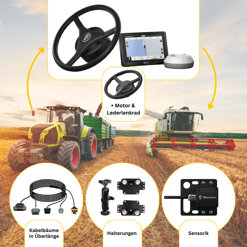 FJD AT2 Bundle - FJD AT2 mit zusätzlichem Lederlenkrad mit Motor speziell für Mähdrescher - mit dem Erweiterungssatz damit kannst du eine weitere Landmaschine mit RTK-Genauigkeit ausstatten.