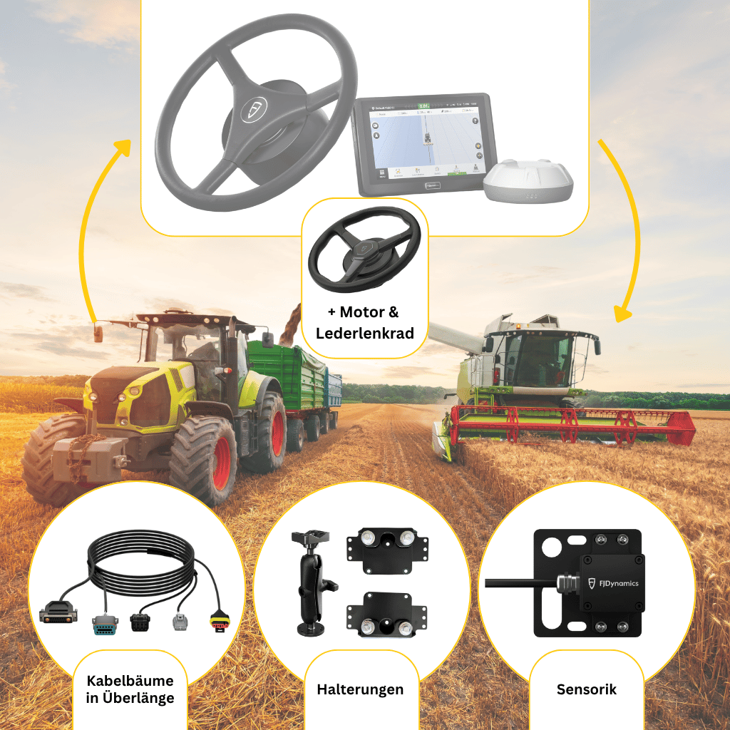 Erweiterungssatz für das FJD AT2 mit zusätzlichen Lenkrad und Motor speziell für Mähdrescher damit kannst du eine weitere Landmaschine mit RTK-Genauigkeit ausstatten.