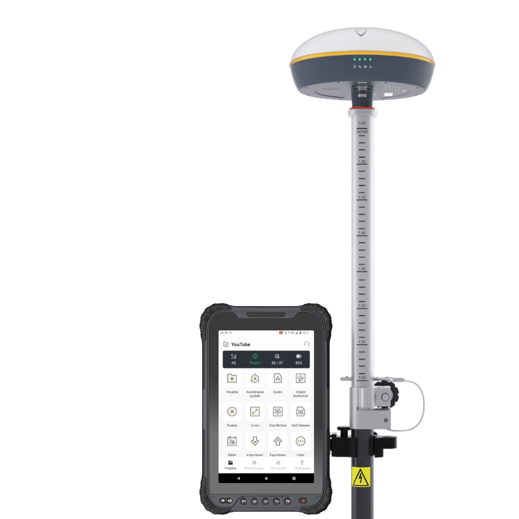 Der FJD RTK Messstab mit dem UA 80 Industrietablet – präzise Digitalisierung von Flächen, Grenzen und Drainagen mit +/- 2 cm Genauigkeit, Neigungssensor und RTK-Korrektursignal.