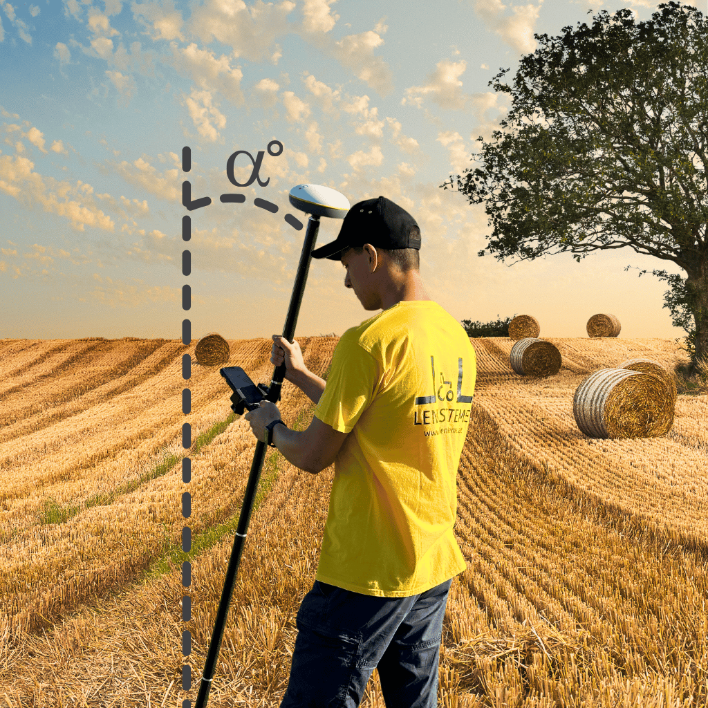 Der FJD RTK Messstab – im Einsatz mit der Veranschaulichung des Neigungssensors.